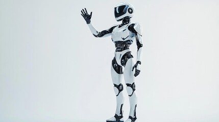 A full-body android robot standing with one hand on its hip, the other holding a futuristic tablet, isolated on a bright background