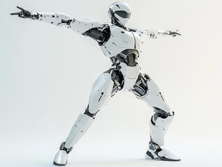Obraz premium A full-body android robot standing in a dramatic pose with one arm extended upwards and the other across its chest, isolated on a bright background