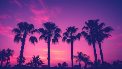 Obraz premium A vintage-style photograph of palm trees silhouetted against the sky at dusk, capturing their majestic shapes and tall stature Generative AI