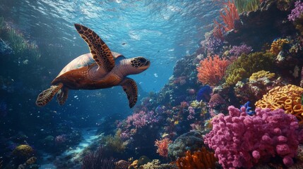 Sea Turtle Swimming in Coral Reef.