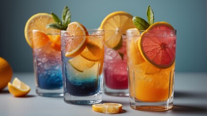 Colorful cold drinks in glasses with fresh citrus slices.