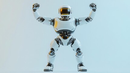 A full-body android robot in a triumphant pose with both arms raised above its head, feet firmly planted, isolated on a bright background