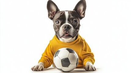 French bulldog with soccer ball wearing yellow jersey