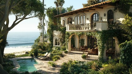 Fototapeta premium Traditional European beach house with a vintage copy floor, surrounded by lush greenery and ocean breeze.