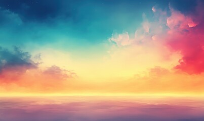 Obraz premium A colorful sky with clouds and a bright orange sun. The sky is filled with a variety of colors, including blue, purple, and red. The clouds are scattered throughout the sky, with some larger