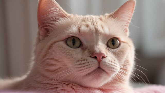 A pampered pink cat with an innocent and sweet face.