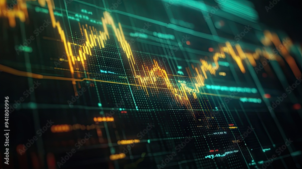Poster close-up of a digital screen displaying a gold price chart with fluctuating lines and data points, r