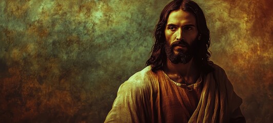 Obraz premium Jesus Christ in a classic painting style, with flowing robes and a thoughtful gaze