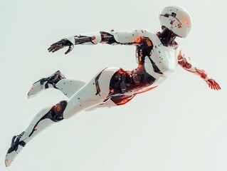 An android robot captured in a mid-air jump, legs tucked and arms raised high, isolated on a bright background