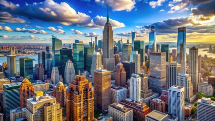 Obraz premium Majestic skyscrapers and modern architecture fill the vibrant cityscape of Manhattan, with towering high-rises and iconic buildings standing against a bright blue New York sky.