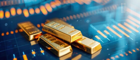 Luxurious gold bars on a digital financial background, symbolizing wealth, investment, and prosperity in the global market.