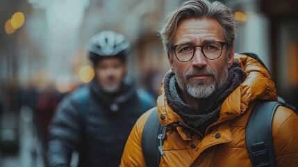 Fototapeta premium middle aged city commuters traveling from work by bike talking walking on the street commuting through the city after a long workday.illustration