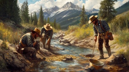 Three men are standing by a river, one of them holding a gold pan. The painting has a peaceful and serene mood, with the men and the river creating a sense of calmness