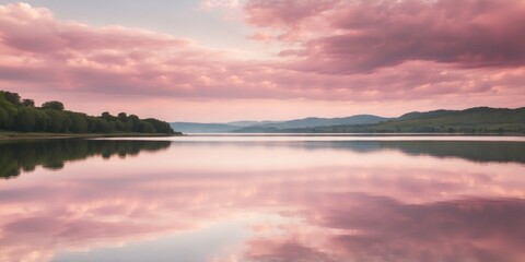 Serene landscape of pink clouds reflecting on tranquil water.