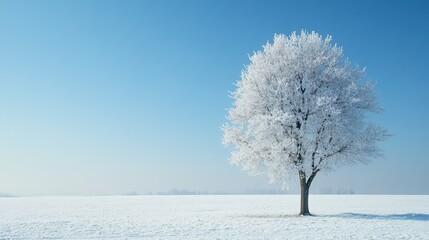 Fototapeta premium A single snow-covered tree in an open field, with clear space for your message