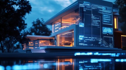 Obraz premium A house with a large window and a glowing screen on the wall. The house is surrounded by trees and the sky is cloudy. The glowing screen on the wall is displaying a futuristic design