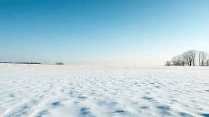 A snow-covered field under a clear blue sky, leaving plenty of space for text