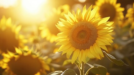 Fototapeta premium Close-up of a field of blooming sunflowers, with the sun casting a warm glow on their bright yellow petals