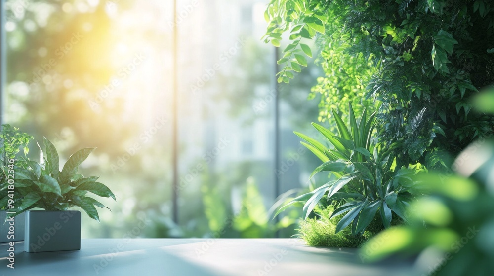 Poster a potted plant sits on a table in front of a window, with sunlight streaming in