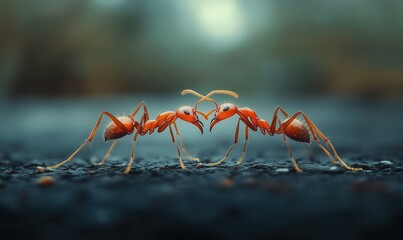 Fototapeta premium Two red ants are standing next to each other on a black surface. Concept of curiosity and wonder about the behavior of these insects