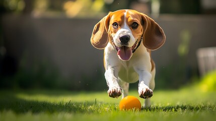 Adorable beagle puppy playfully chasing and catching a ball in the grassy backyard with ample copy space for text overlay or design elements