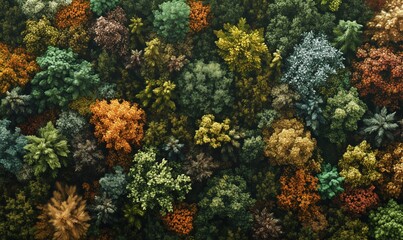 A forest with many trees of different colors. The colors are mostly green and brown. The trees are all different sizes and shapes