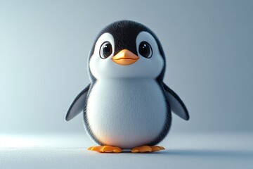 Fototapeta premium 3D cartoon penguin with a soft, plump body, bright eyes, and a happy face, rendered in a charming and endearing way