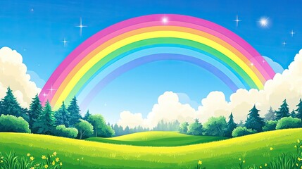A vibrant rainbow arching over a peaceful countryside landscape, with clear space for your message