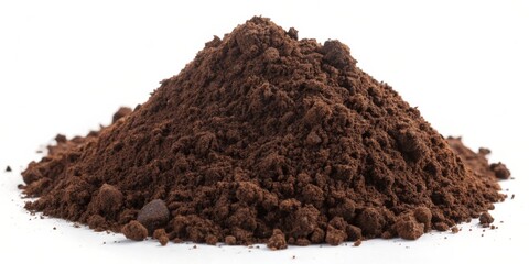 Close-up of a Pile of Ground Coffee Beans, White Background, Coffee Powder, Bean Texture, Dark Brown, coffee, bean