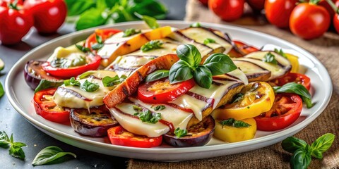 Mediterranean Muse: Coastal and refreshing, grilled vegetables atop, melted provolone cheese, vibrant colors, summery mood