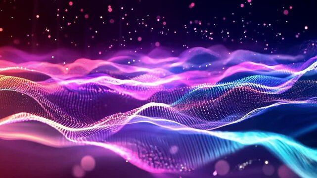 Vibrant waves of light and particles ebb and flow, creating a mesmerizing display of color against a dark background.