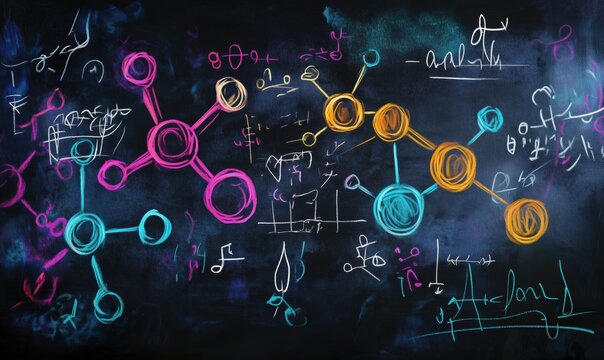 A colorful drawing of molecules and equations on a black background. The drawing conveys a sense of creativity and scientific exploration