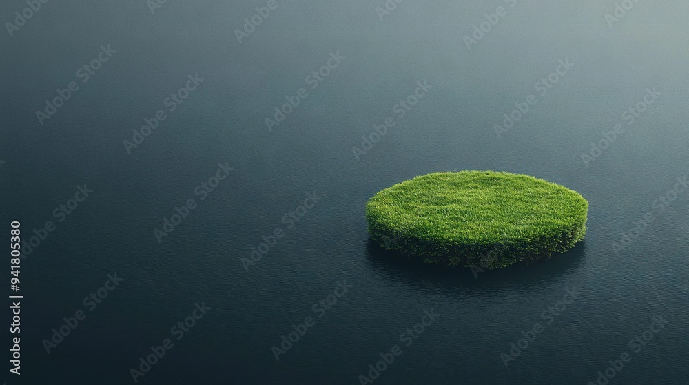 Poster a patch of grass floats atop a body of water