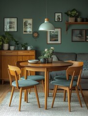 Mint chairs at a round wooden dining table in a Scandinavian mid-century living room