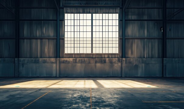 A large, empty warehouse with a window in the middle. The window is open, letting in sunlight and creating a bright, empty space