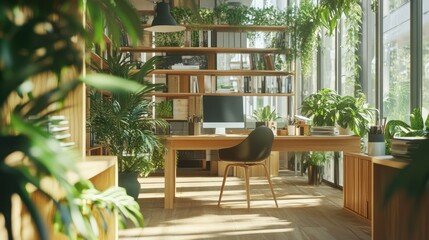 Obraz premium A workspace with a focus on green business, featuring recycled materials and eco-friendly products, with ample copy space.