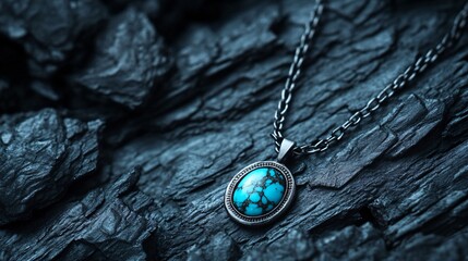 Fototapeta premium A dark charcoal backdrop with a vivid turquoise stone pendant, the gemstone’s rich color sharply contrasting with the dark