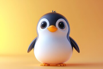 3D cartoon-style penguin with big eyes, a round belly, and a cheerful smile, rendered in a cute and vibrant style