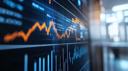 Close-up of a financial chart with upward trends and stock market data, with a blurred office background -