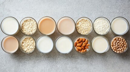 Assorted plant-based milk options in glasses: almond, oat, soy, rice, corn, and coconut, arranged in a circular pattern.