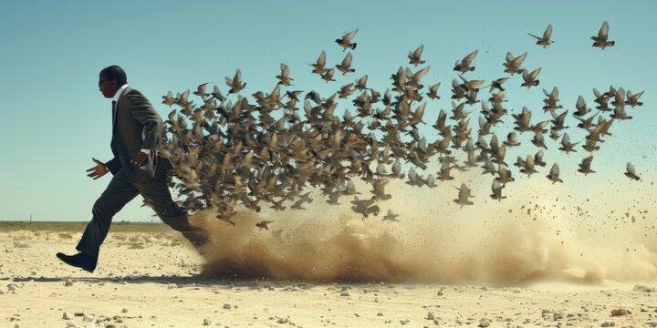A man in a suit runs across a desert, creating a cloud of dust with birds flying behind him - Powered by Adobe