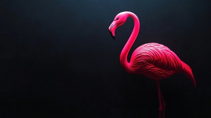 Fototapeta premium A dark charcoal background featuring a neon pink flamingo figurine, glowing softly against the deep gray tones