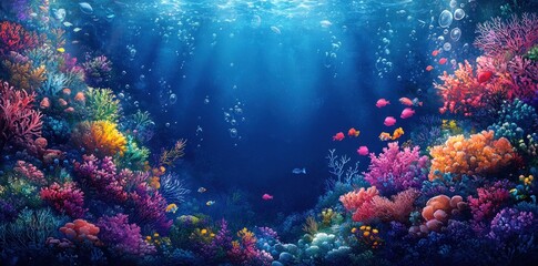 Naklejka premium Vibrant Underwater Coral Reef with Fish and Bubbles