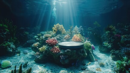 An empty round platform surrounded by coral and fish on the ocean floor. The platform is...