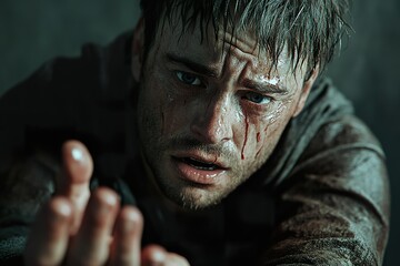 3D male character with a sorrowful expression, crying and reaching out with a heartfelt apology