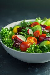 A fresh salad in a bowl, featuring vibrant vegetables and greens.