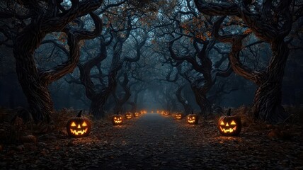 A foggy gothic forest with twisted trees and glowing jack-o'-lanterns lighting the path, photorealistic, hyper-resolution, eerie and mystical Halloween journey