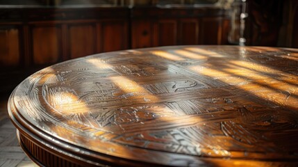 Obraz premium A close-up of an antique wooden table with intricate carvings bathed in warm sunlight streaming through a window.