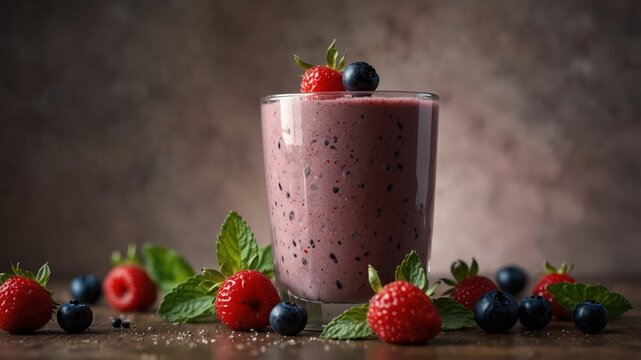 Fresh berry smoothie with mint and scattered berries.