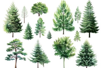 Fototapeta premium A set of colorful trees painted in watercolor style on a white background